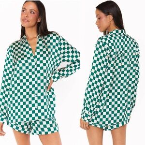 Show Me Your Mumu Early Riser PJ Top Green Checker Silky